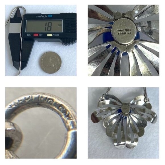 VTG Sterling Silver 925 Forstner Blue Cats Eye Glass Floral Pendant Necklace 16" - Picture 9 of 16